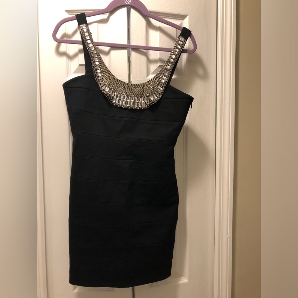 INC Elegant embellished crystal faceted neckline dress